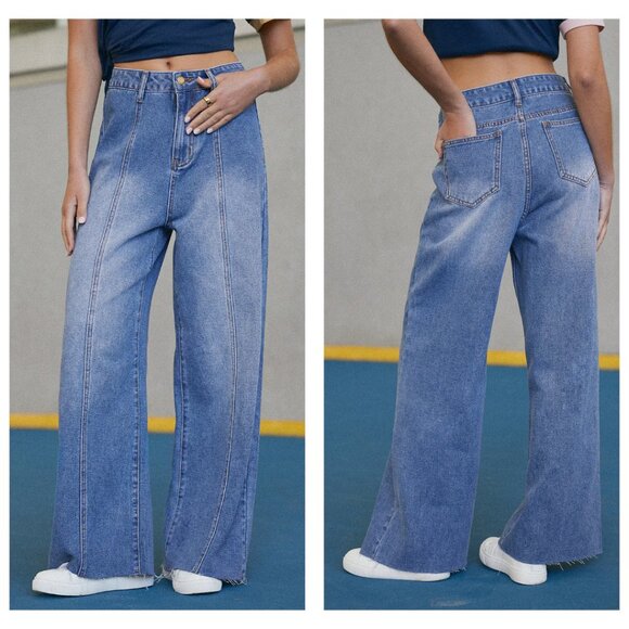 Cupshe Denim Raw Cut Wide Leg Jeans | Light Wash | Size S | NWT - Picture 2 of 2